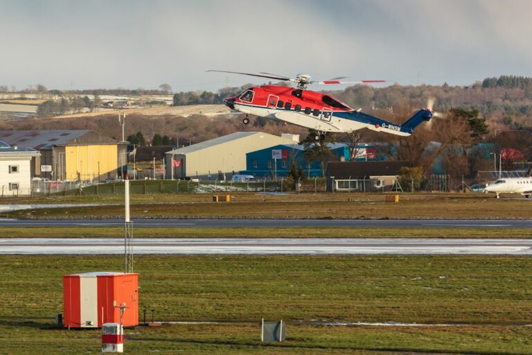 Helicopter approaching Aberdeen Airport in Scotland