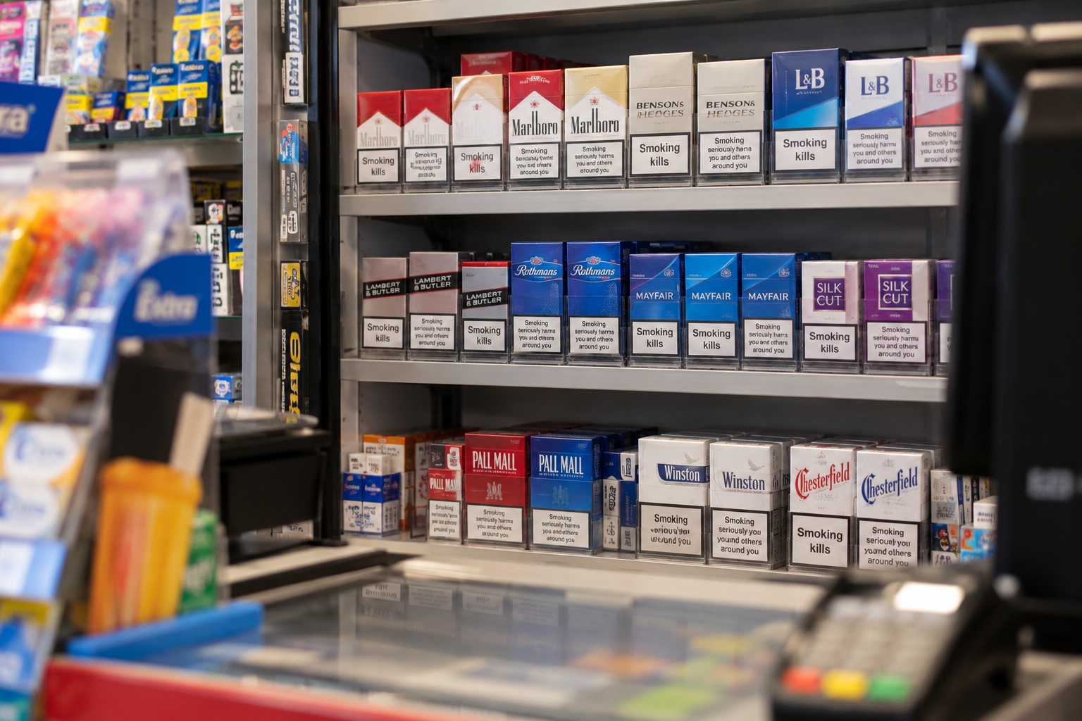 cigarettes behind shop counter