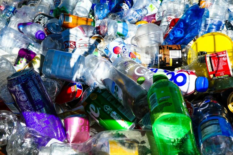 Plastic bottles and aluminium cans beside a recycling bin