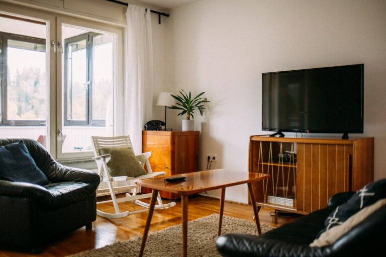 Sofa facing a television in a living room