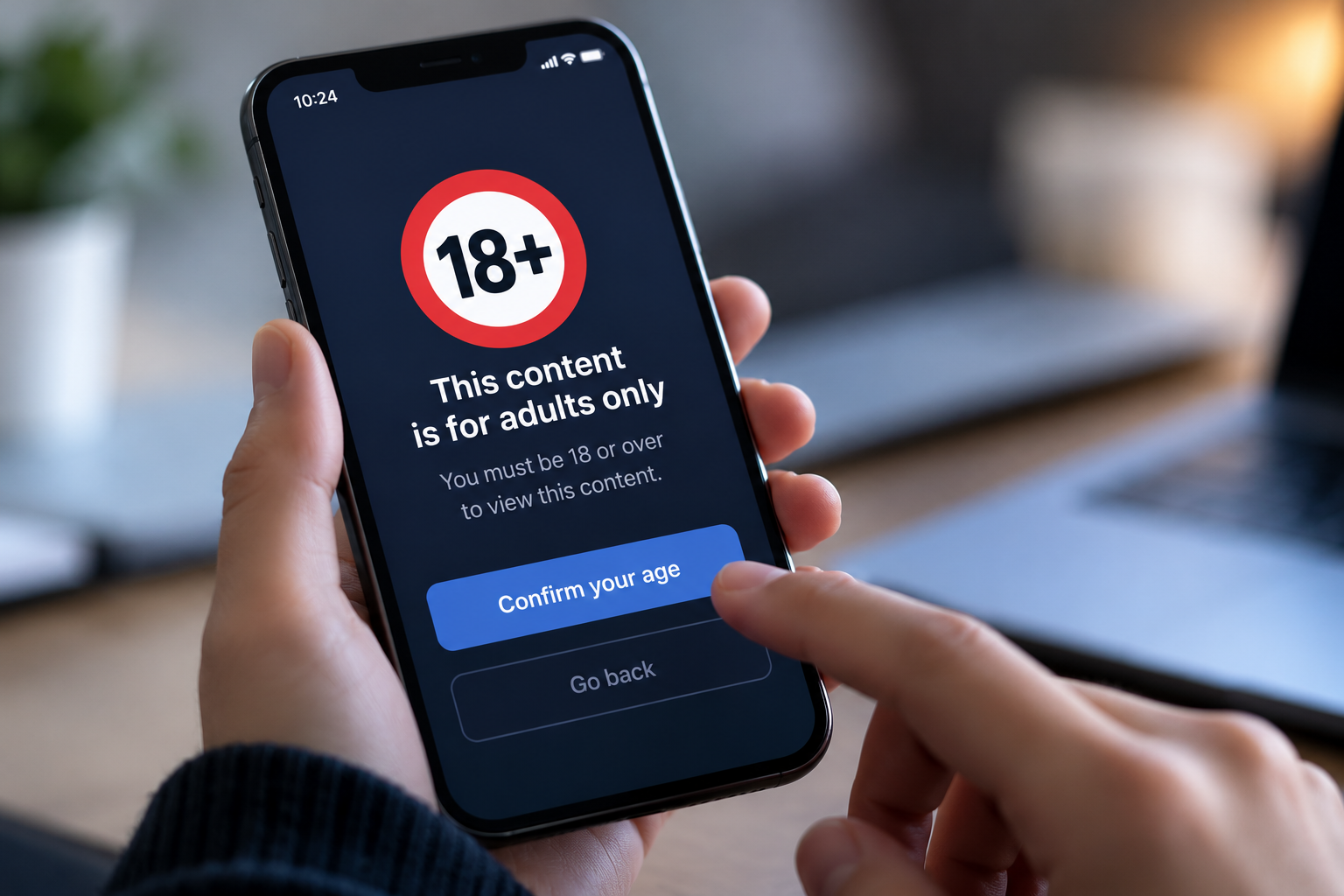 Smartphone Displaying an 18+ Age Verification Warning with a “confirm Your Age” Button, Illustrating Online Age Restrictions and Digital Safety.