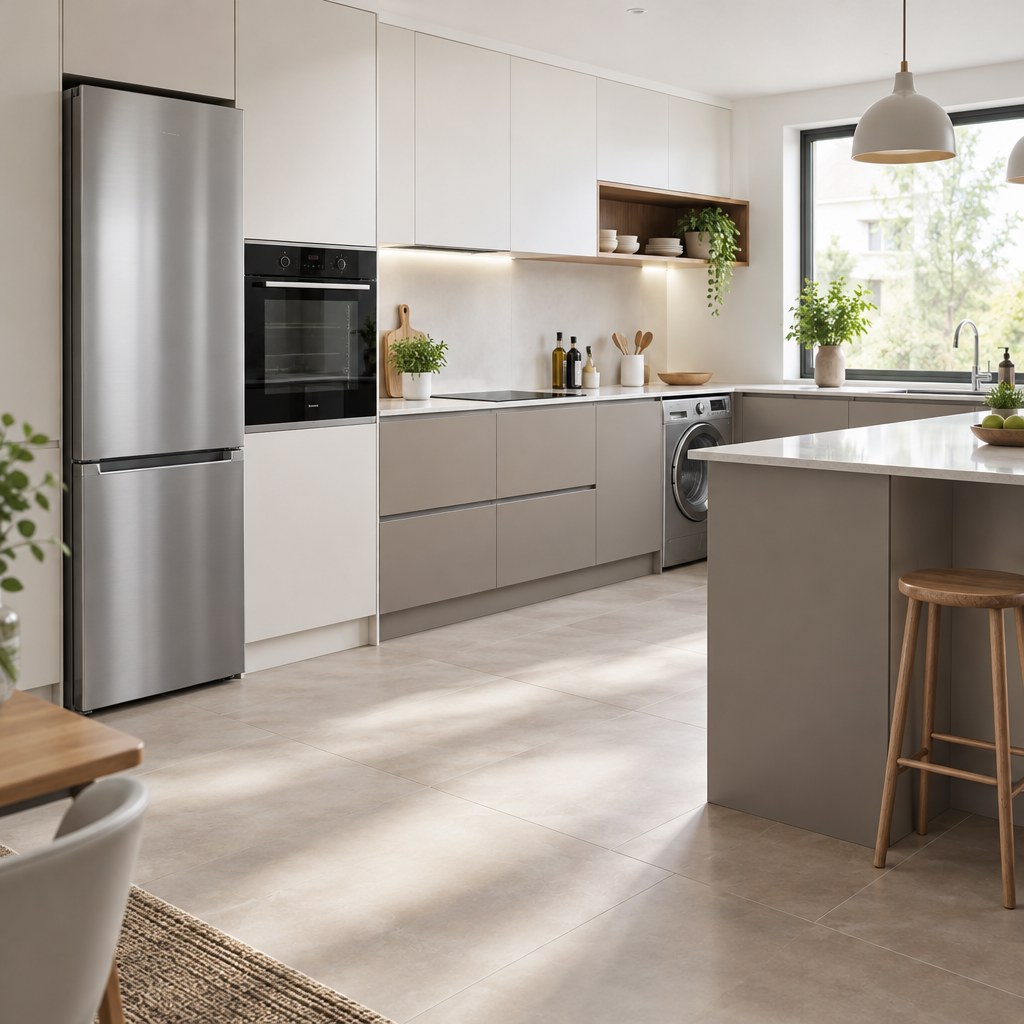 Kitchen appliances including a fridge-freezer, oven and washing machine