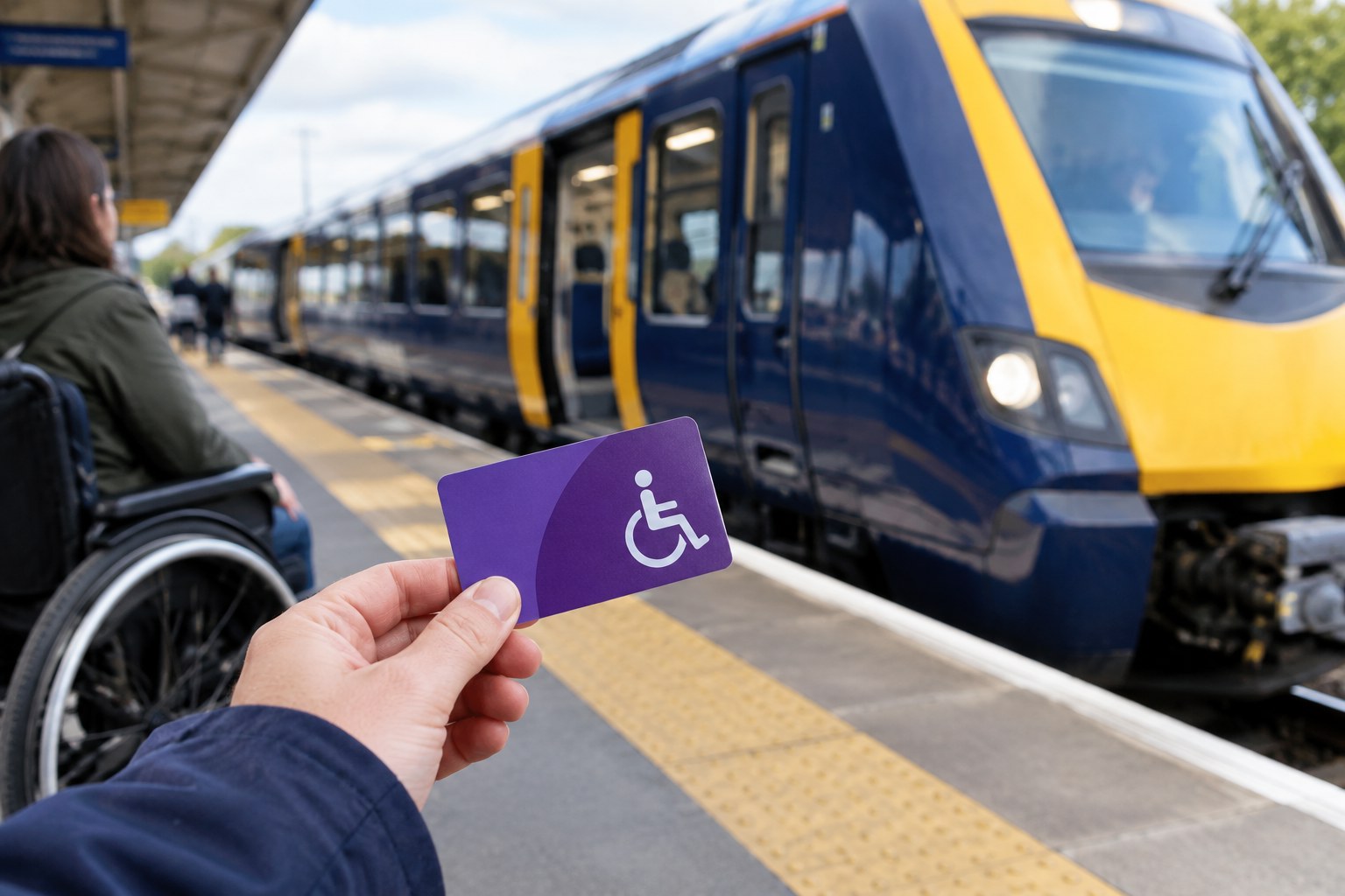 Purple Disabled Persons Railcard Beside a Train at a British Railway Platform