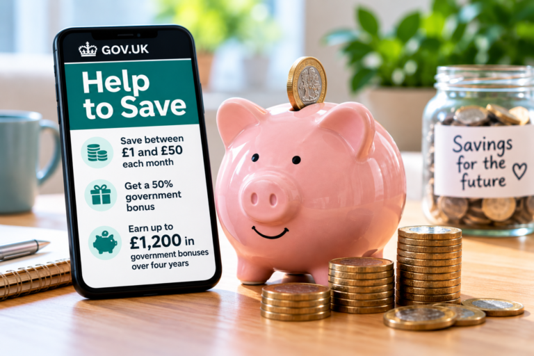 Illustration of the Help to Save Scheme with a Pink Piggy Bank, Pound Coins and a Phone Showing Monthly Savings of £1 to £50 and Up to £1,200 in Government Bonuses over Four Years.