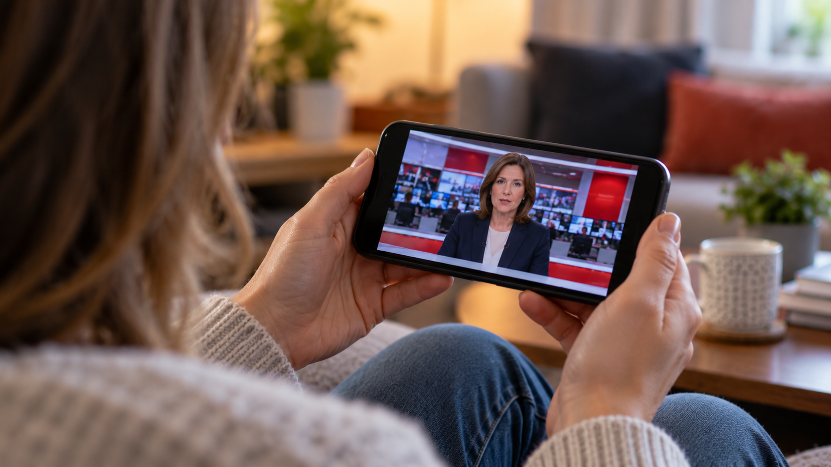 Woman Watching Bbc News on Her Phone