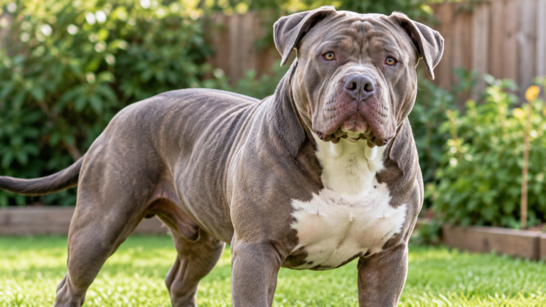 XL Bully dog standing in a garden